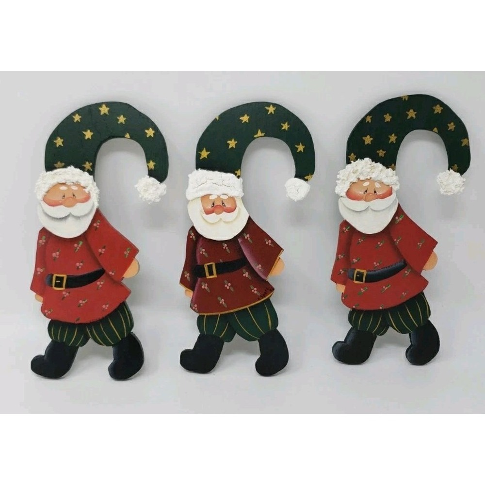 3 Painted 8" Wood Carved Santa Ornaments Signed Carol C Spate Belanger 1990s